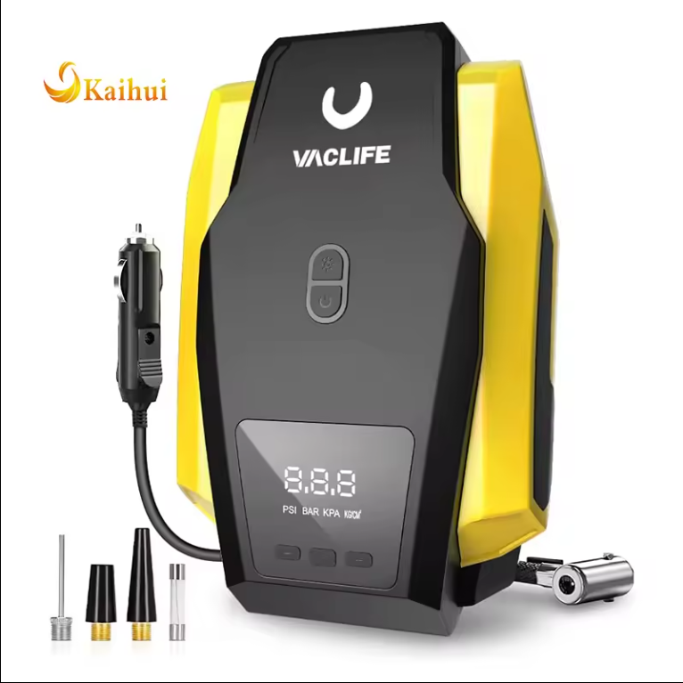 eprolo portable tire inflator air compressor pump showing digital display, air hose, and LED light for car and bike tires.