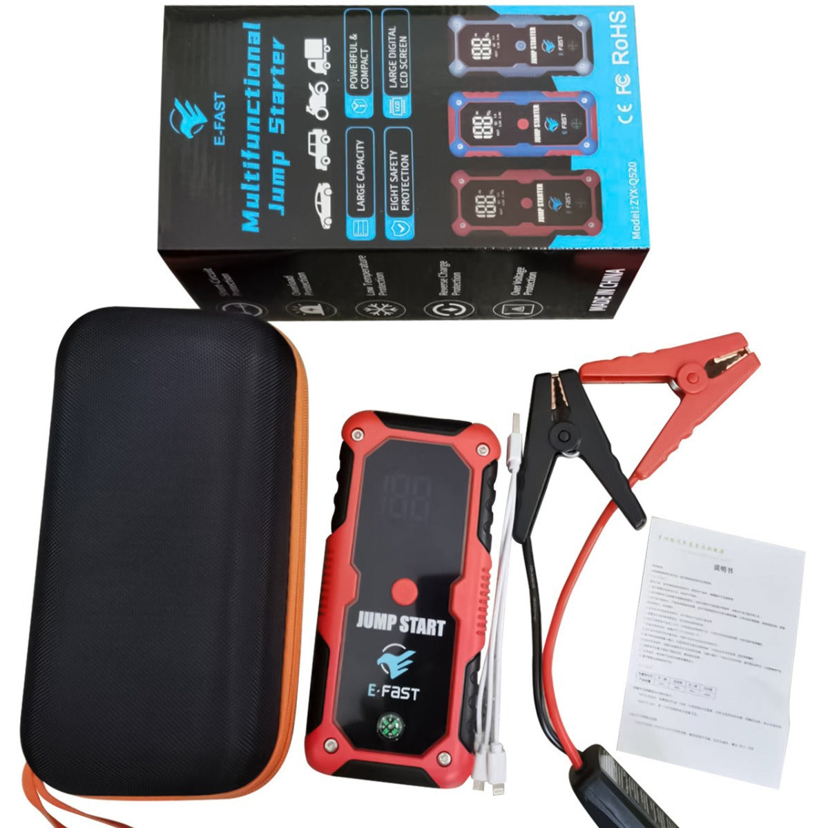 eprolo ZYX-Q520 portable jump starter power bank with LED light for 12V car starting and emergency boost.