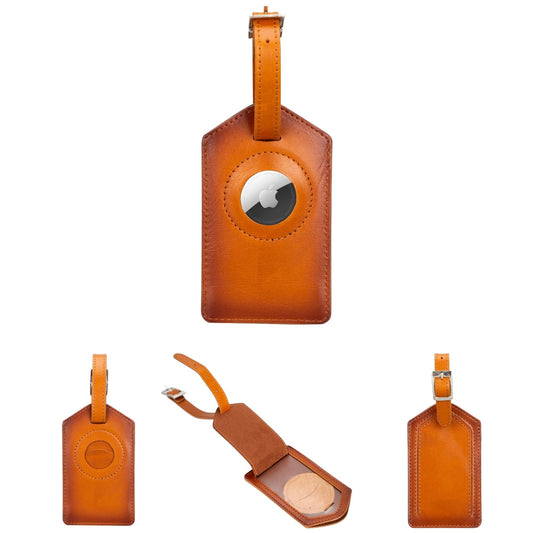 Tan Estes Genuine Leather Luggage Tag with AirTag slot by TORONATA, featuring a secure strap and clear identification window.