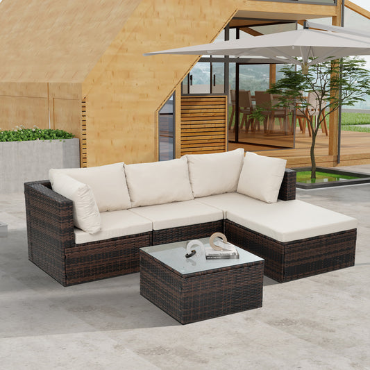 Patio Furniture, Outdoor Furniture, Seasonal PE Wicker Furniture, 5 Set Wicker Furniture With Tempered Glass Coffee Table,