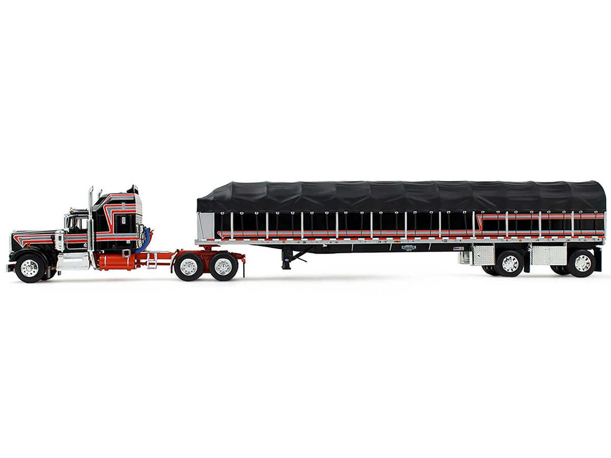 Detailed 1/64 diecast model of a Kenworth W900A truck with 60" Aerodyne sleeper and Wilson Roadbrute flatbed trailer by First Gear.