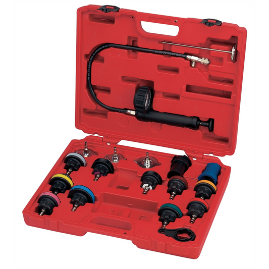 FJC Radiator and Radiator Cap Pressure Test Kit for vehicles, featuring various testing tools and accessories in a compact set.