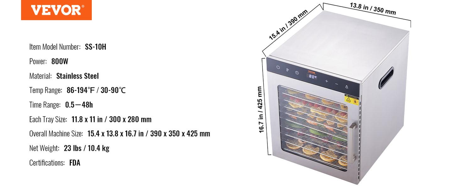 VEVOR Electric Food Dehydrator Machine, 800/1000W Electric Food Dryer, 10 Stainless Steel Trays, with Digital Adjustable Timer