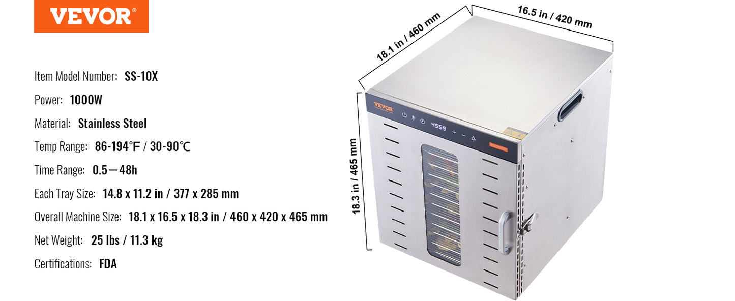 VEVOR Electric Food Dehydrator Machine, 800/1000W Electric Food Dryer, 10 Stainless Steel Trays, with Digital Adjustable Timer