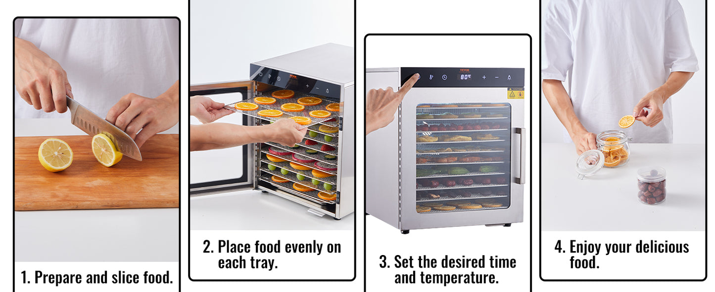 VEVOR Electric Food Dehydrator Machine, 800/1000W Electric Food Dryer, 10 Stainless Steel Trays, with Digital Adjustable Timer