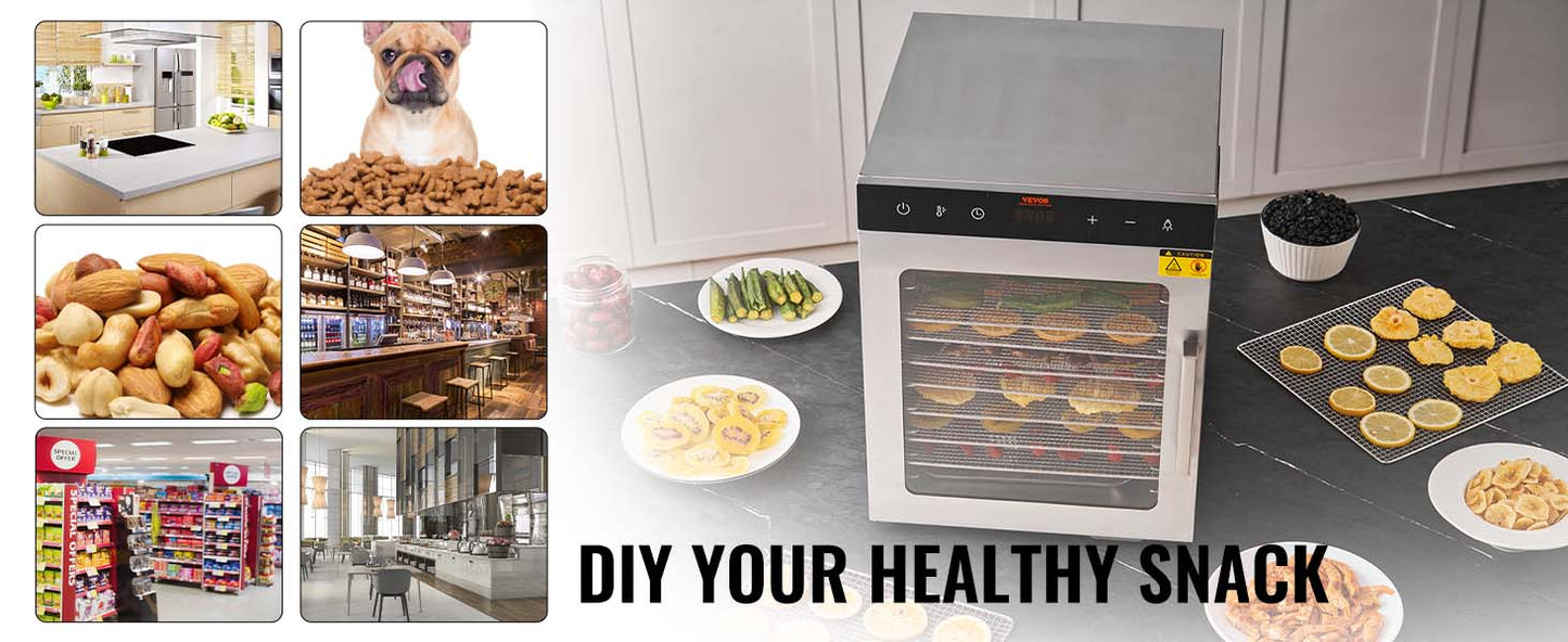 VEVOR Electric Food Dehydrator Machine, 800/1000W Electric Food Dryer, 10 Stainless Steel Trays, with Digital Adjustable Timer