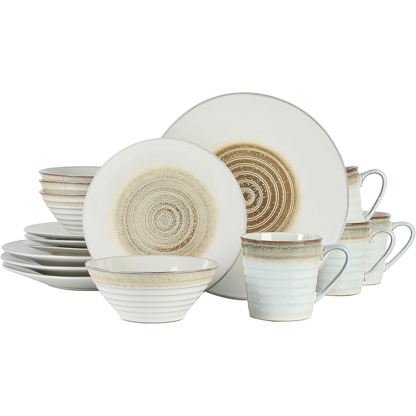 Gibson Elite 16-piece stoneware dinnerware set in taupe with spiral embossed design, includes plates, bowls, and mugs.