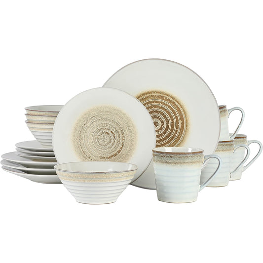 Gibson Elite 16-piece stoneware dinnerware set in taupe with spiral embossed design, includes plates, bowls, and mugs.