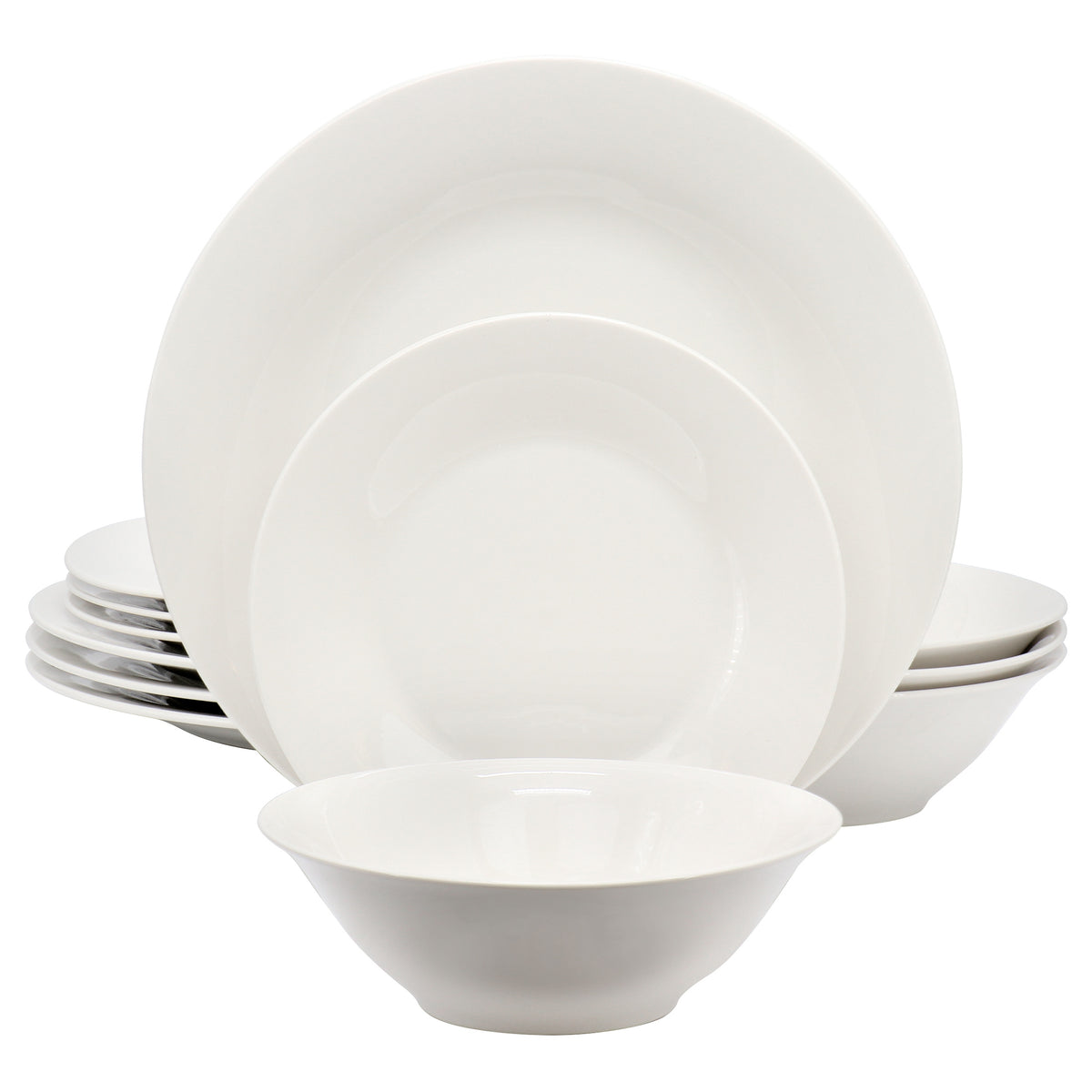 Gibson Home 12-piece white ceramic dinnerware set with round plates and bowls, perfect for everyday use.