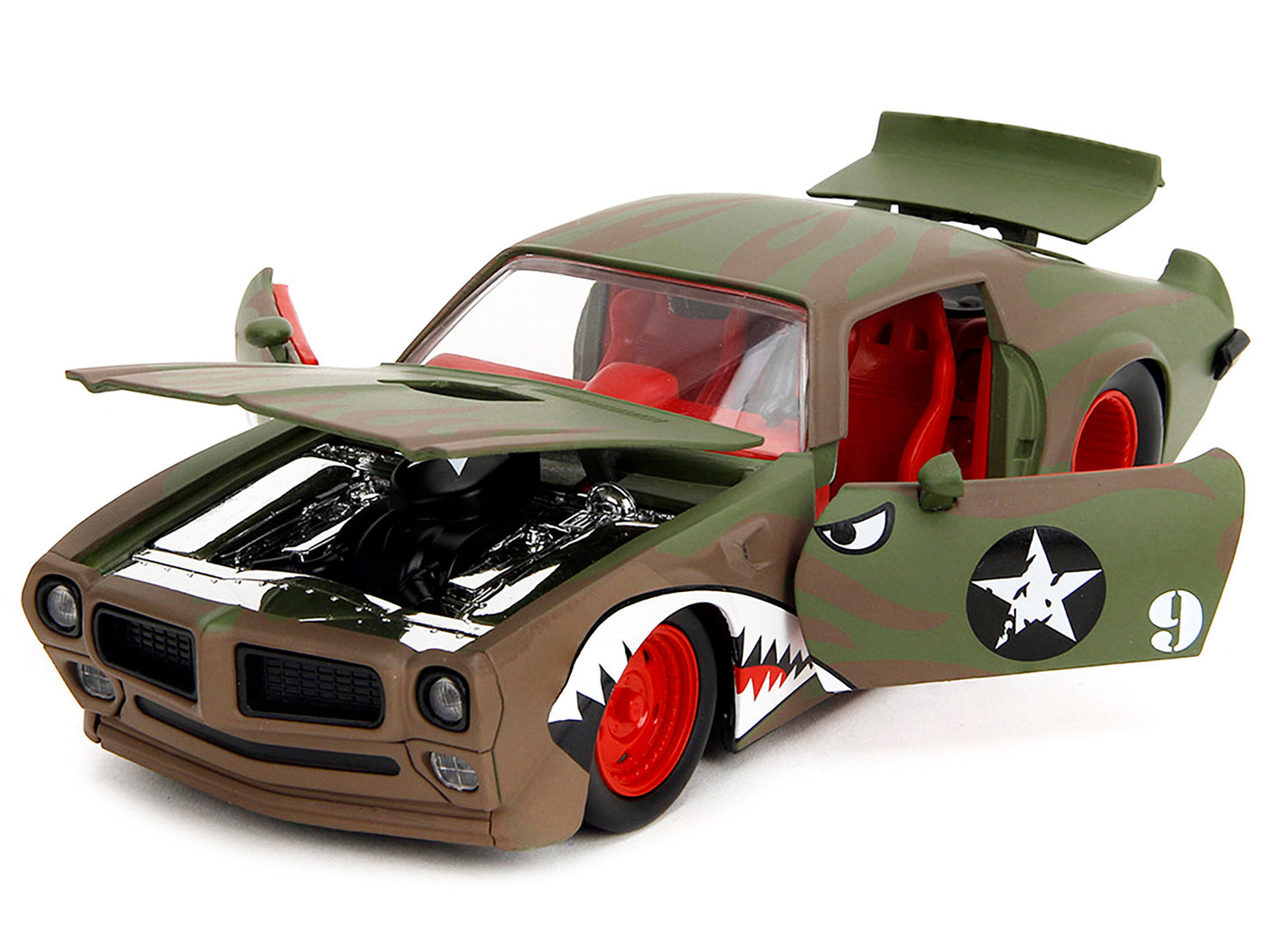 1972 Pontiac Firebird Jada diecast model car with green camouflage flames, red interior, detailed graphics, Bigtime Muscle series.