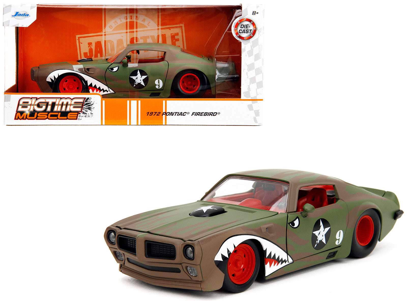 1972 Pontiac Firebird Jada diecast model car with green camouflage flames, red interior, detailed graphics, Bigtime Muscle Series 1/24