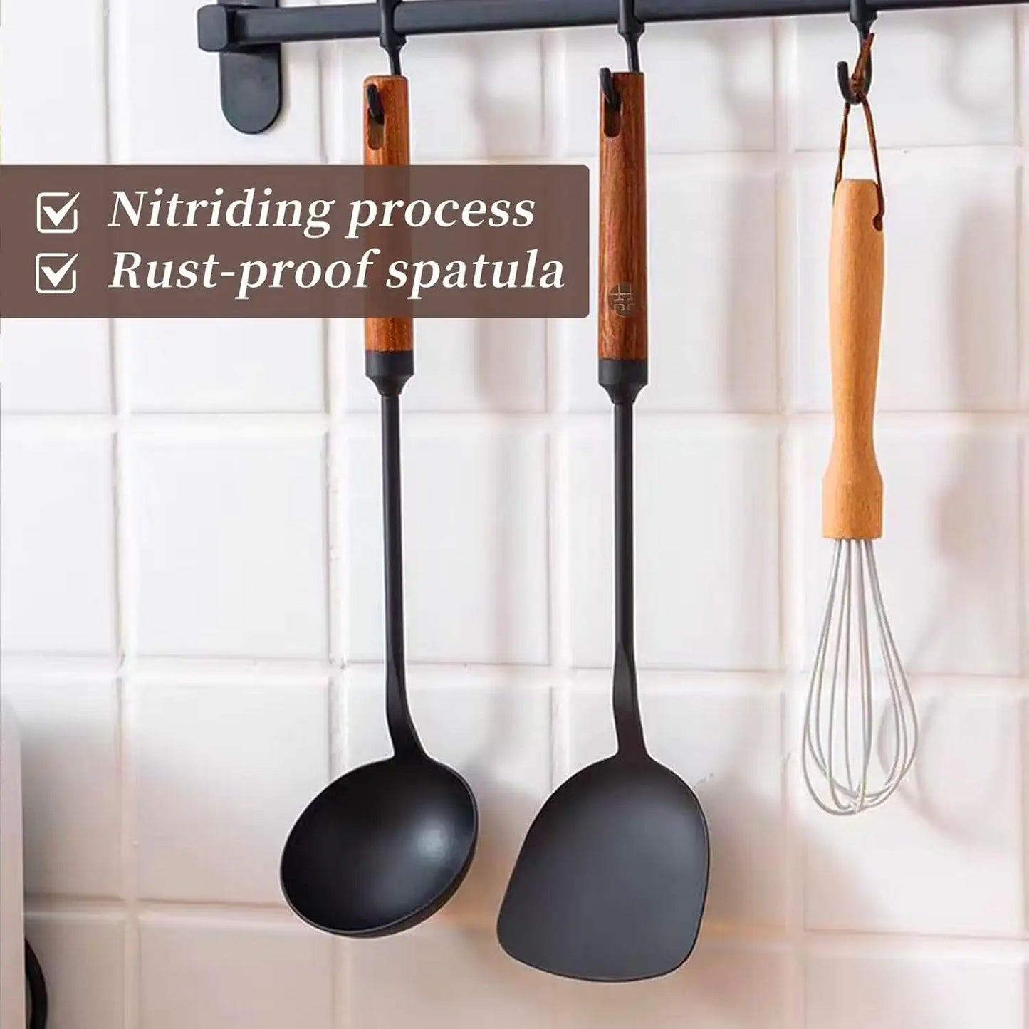 WANGYUANJI IRON SPOON SOUP AND COOKING SPATULA SET, TRADITIONAL CHINESE WOK SPATULA AND LONG WOODEN HANDLE SPOON