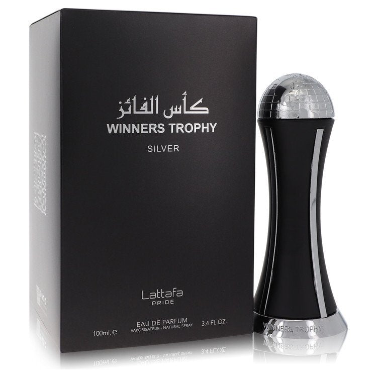 Lattafa Pride Winners Trophy Silver men's Eau De Parfum spray, 3.4 oz bottle with silver design, showcasing elegant packaging.