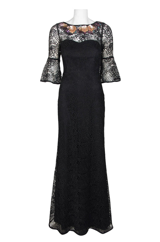 Aidan Mattox Embellished Boat Neck Circular Flounce 3/4 Sleeve Bodycon Scoop Back Floral Lace Dress-0