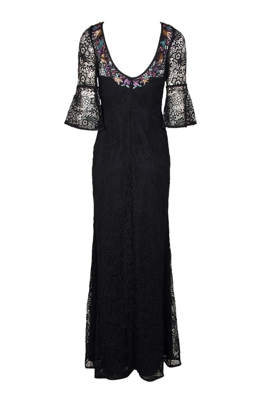 Aidan Mattox Embellished Boat Neck Circular Flounce 3/4 Sleeve Scoop Back Floral Lace Gown-1