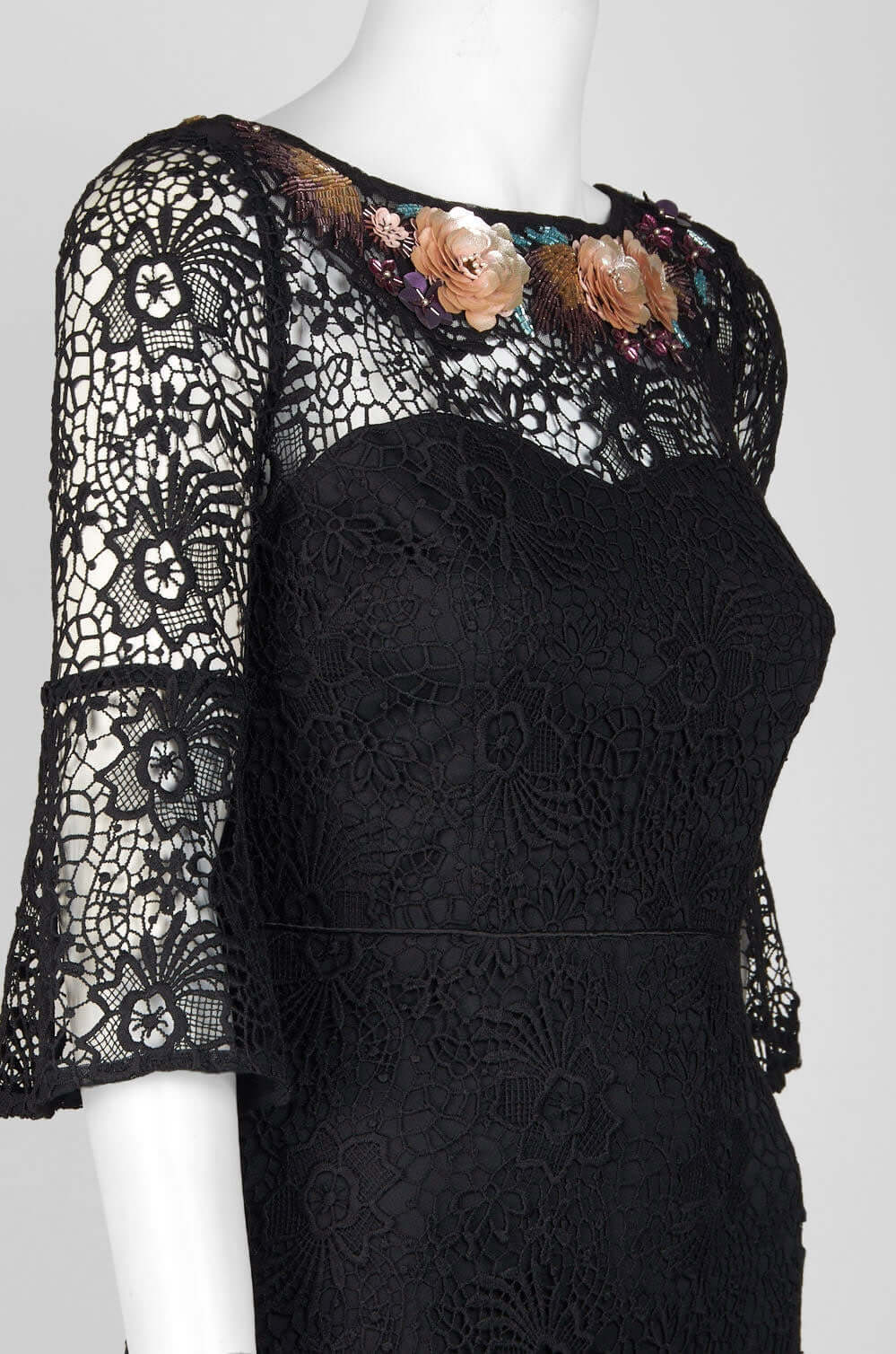 Aidan Mattox Embellished Boat Neck Circular Flounce 3/4 Sleeve Scoop Back Floral Lace Gown-2