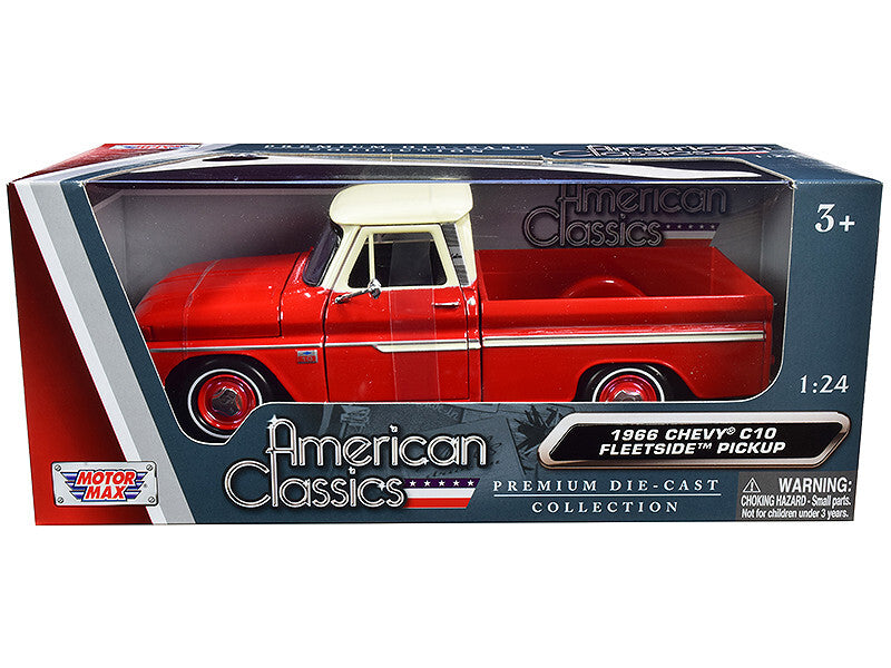 Red and cream 1966 Chevrolet C10 Fleetside pickup truck diecast model by Motormax, detailed 1/24 scale collectible car.