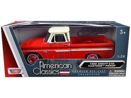 Red and cream 1966 Chevrolet C10 Fleetside pickup truck diecast model by Motormax, detailed 1/24 scale collectible car.
