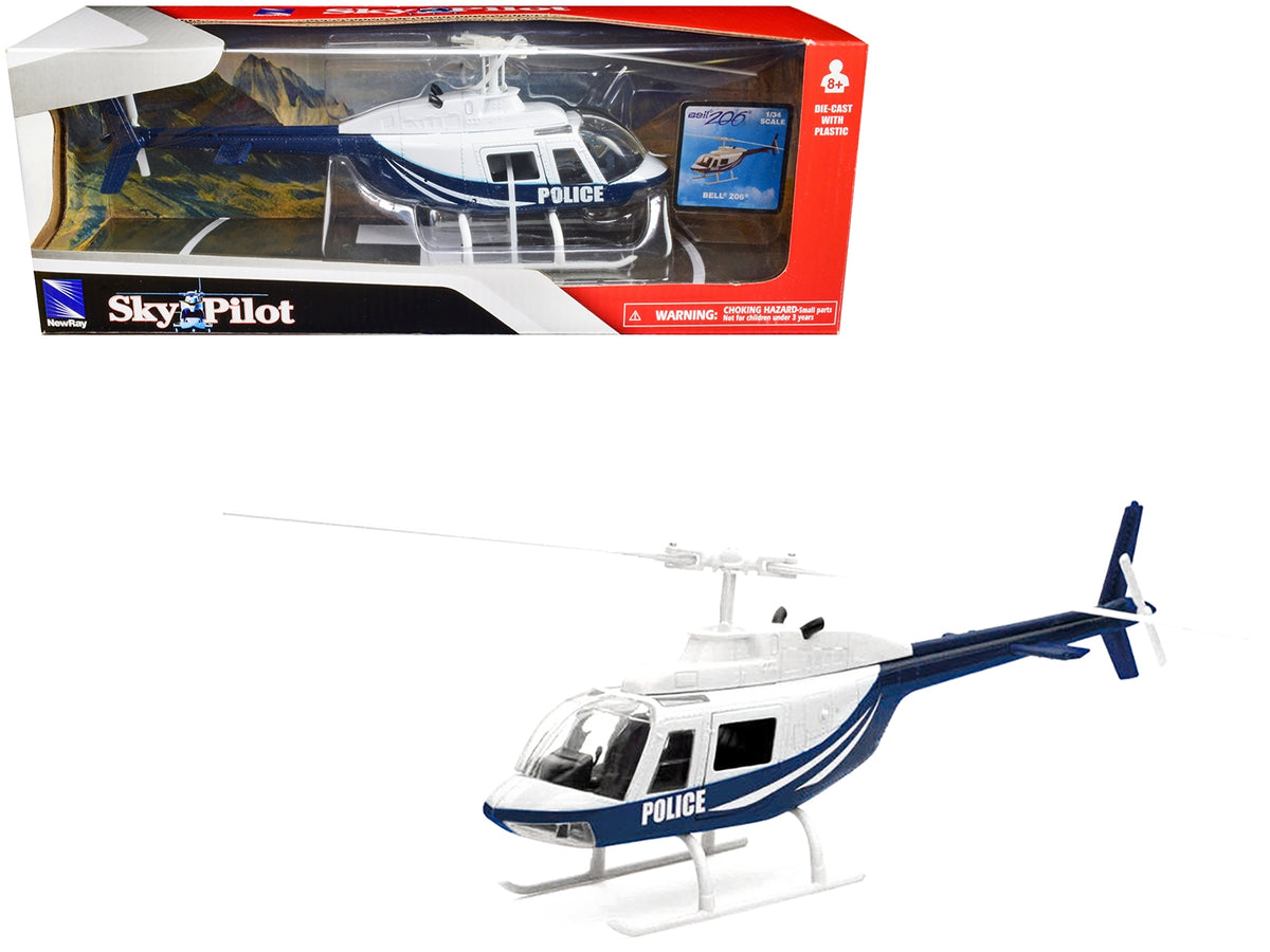 Dark blue and white Bell 206 Police helicopter diecast model by New Ray, Sky Pilot Series, detailed aircraft collectible.