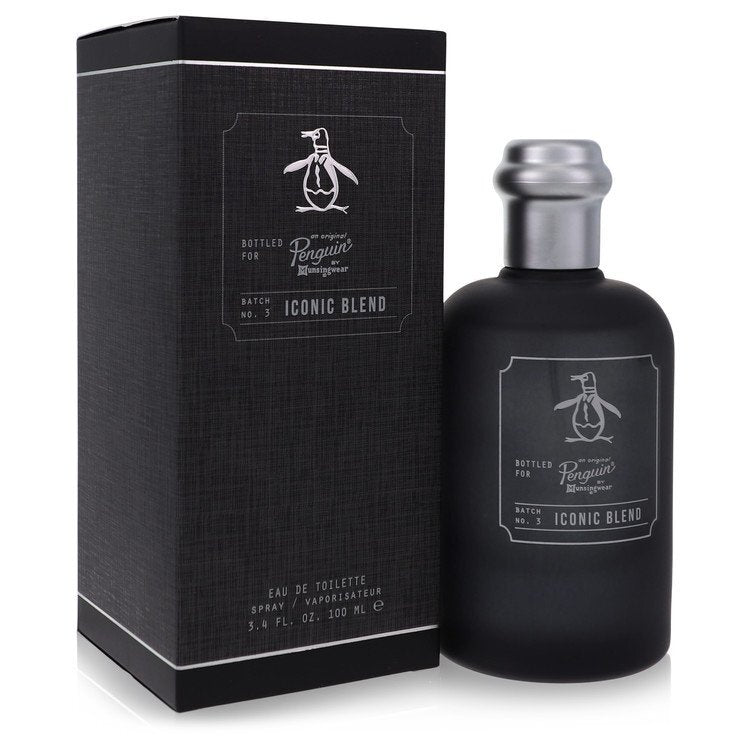 Original Penguin Iconic Blend Eau De Toilette spray for men, 3.4 oz, featuring the signature fragrance bottle and branding.