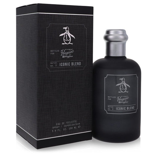 Original Penguin Iconic Blend Eau De Toilette spray for men, 3.4 oz, featuring the signature fragrance bottle and branding.