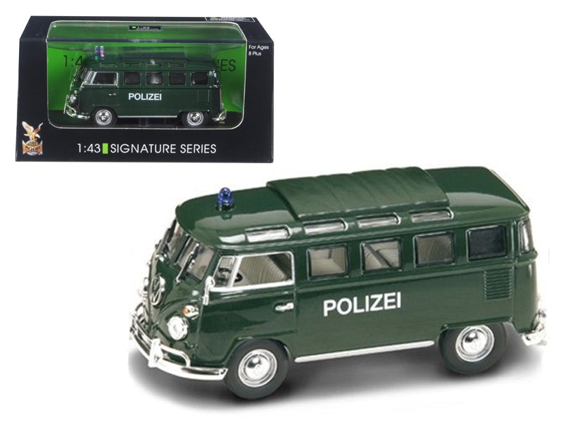 1962 Volkswagen Microbus Police Green diecast model by Road Signature, detailed 1/43 scale police vehicle.