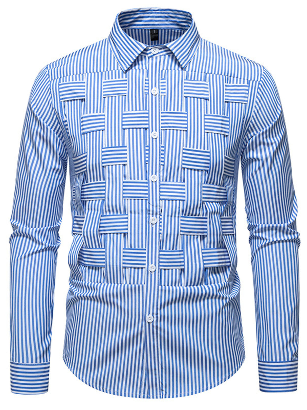 Men's long sleeve woven shirt with blue and white striped pattern by Trendsi, featuring a classic button-up design.