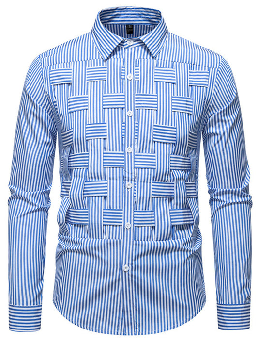 Men's long sleeve woven shirt with blue and white striped pattern by Trendsi, featuring a classic button-up design.
