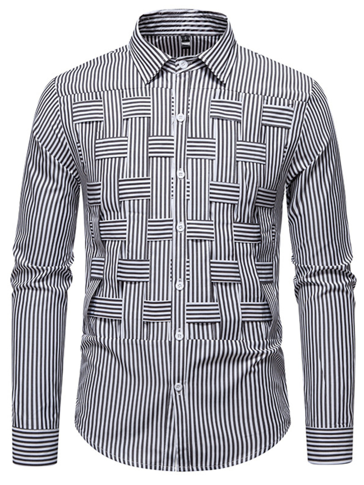 Men's long sleeve woven shirt with blue and white stripes, featuring a stylish striped pattern and classic collar design.