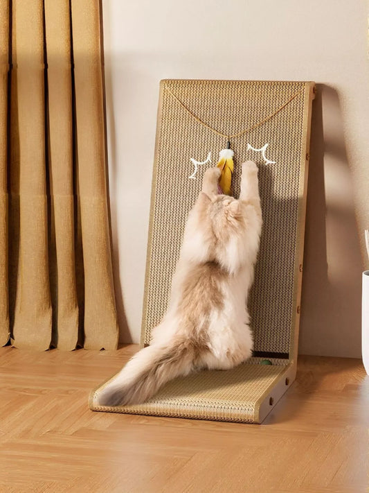Interactive sisal cat scratching post with dangling toy for cats, designed to entertain and promote healthy scratching behavior.