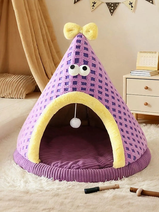 Cute cartoon-style pet nest with hanging ball, lilac color, designed for small pets by Trendsi