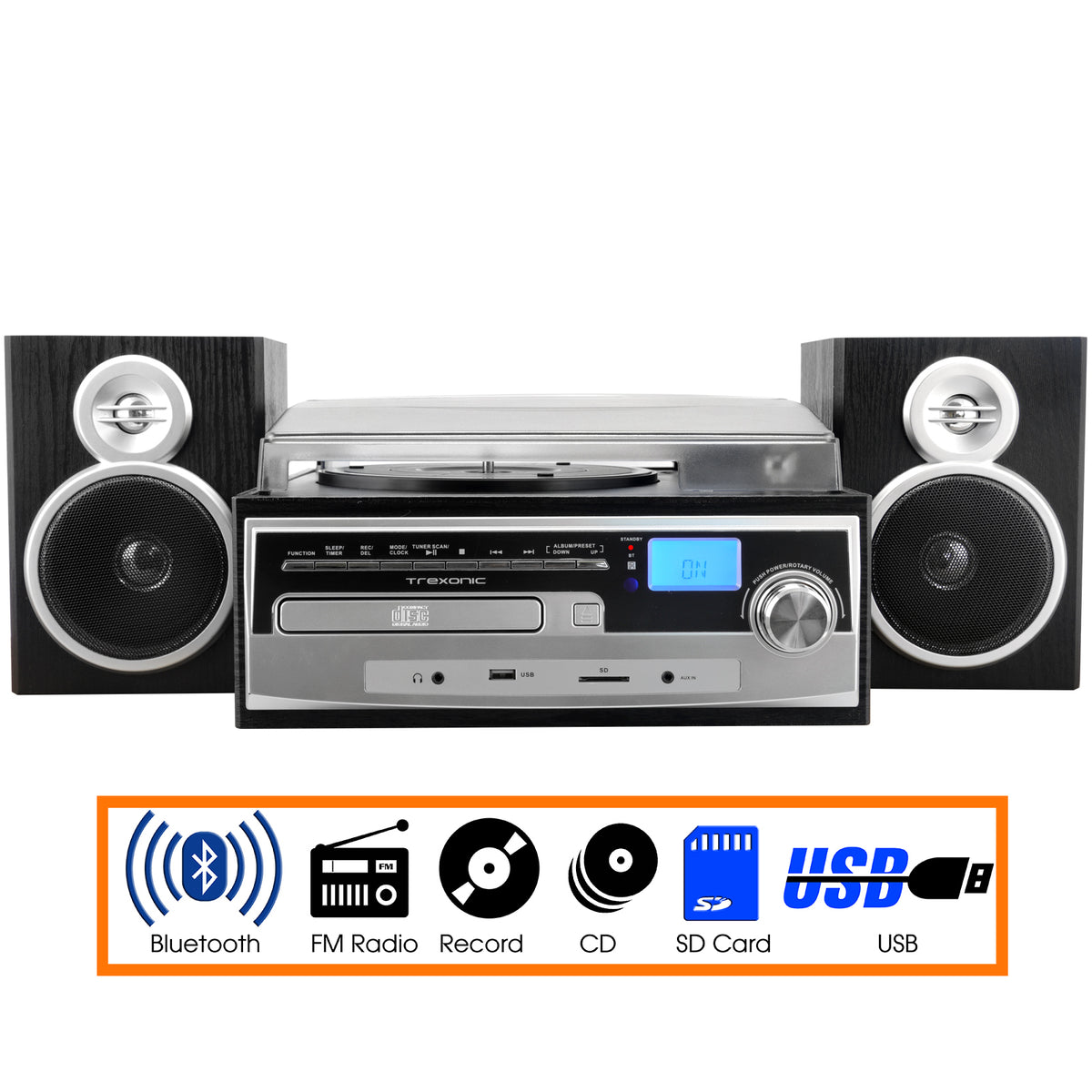 Trexonic 3-speed vinyl turntable home stereo system with CD player, FM radio, Bluetooth, USB, SD recording, and wired shelf speakers.