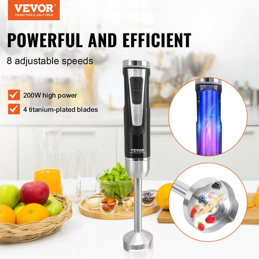 VEVOR Commercial Immersion Blender, 200 Watt 8-Speed Heavy Duty Immersion Blender, Stainless Steel Blade Copper Motor Hand Mixer, USB Charging Cable Multi-purpose Easy Control Grip Stick Mixer, Black-0
