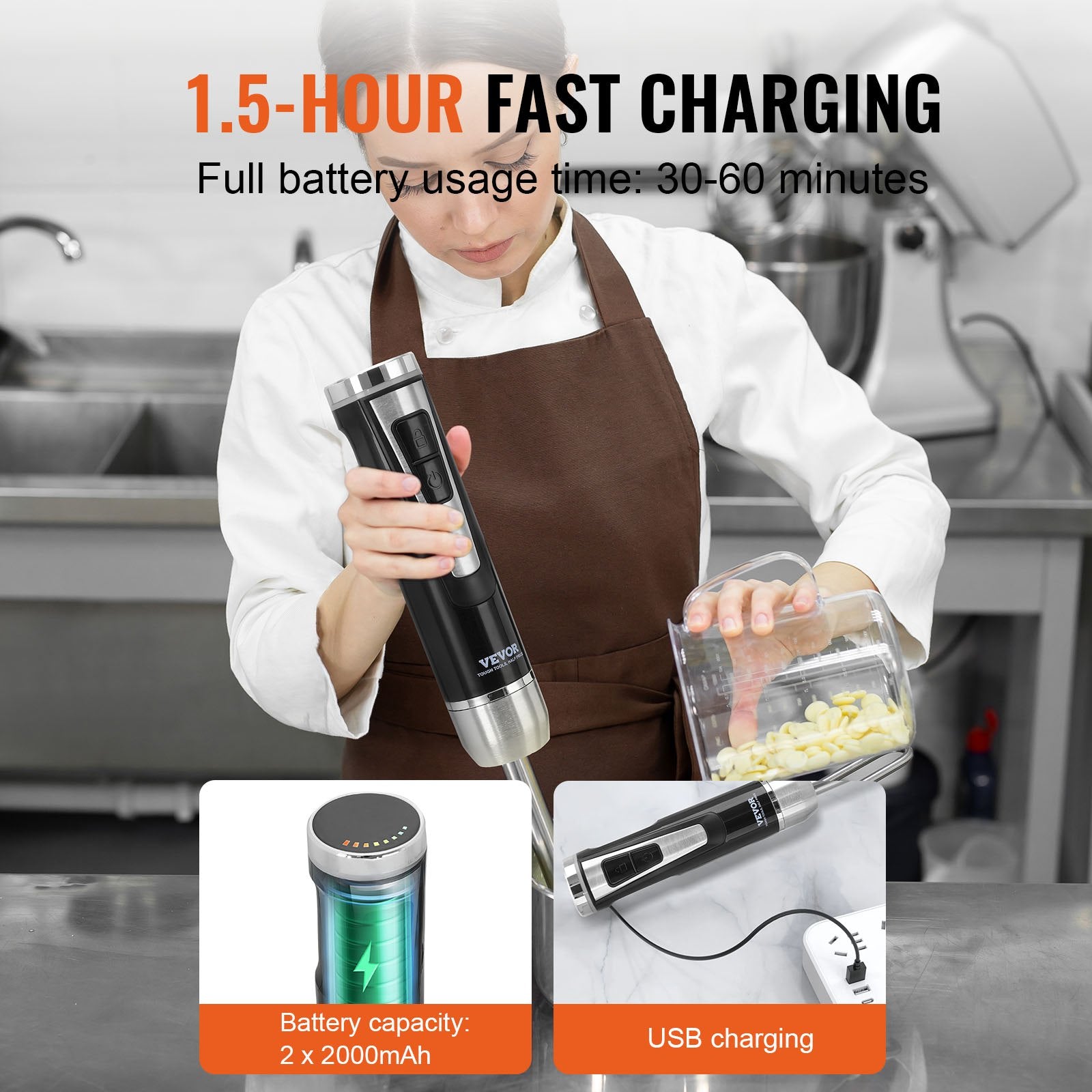 VEVOR Commercial Immersion Blender, 200 Watt 8-Speed Heavy Duty Immersion Blender, Stainless Steel Blade Copper Motor Hand Mixer, USB Charging Cable Multi-purpose Easy Control Grip Stick Mixer, Black-1