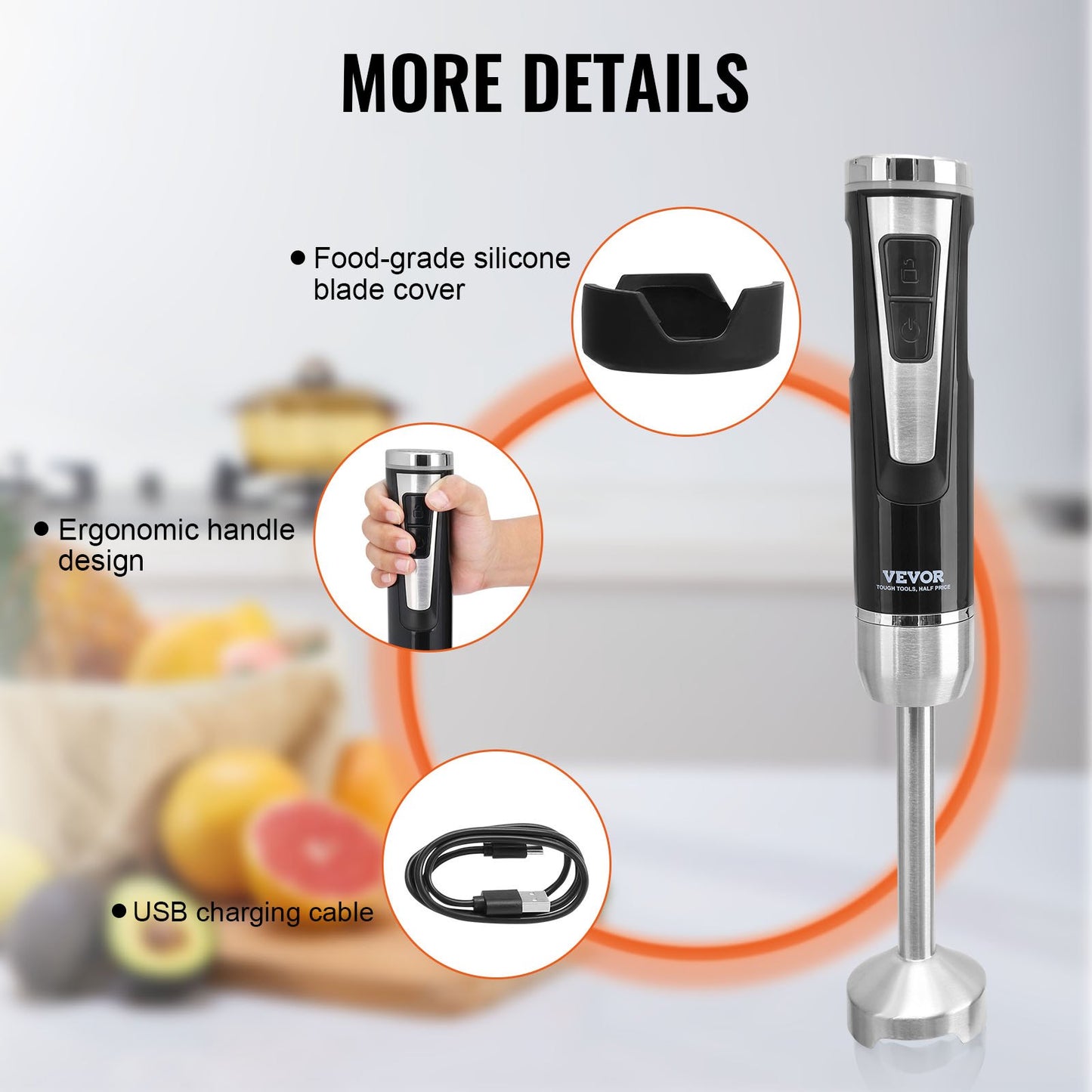 VEVOR Commercial Immersion Blender, 200 Watt 8-Speed Heavy Duty Immersion Blender, Stainless Steel Blade Copper Motor Hand Mixer, USB Charging Cable Multi-purpose Easy Control Grip Stick Mixer, Black-4