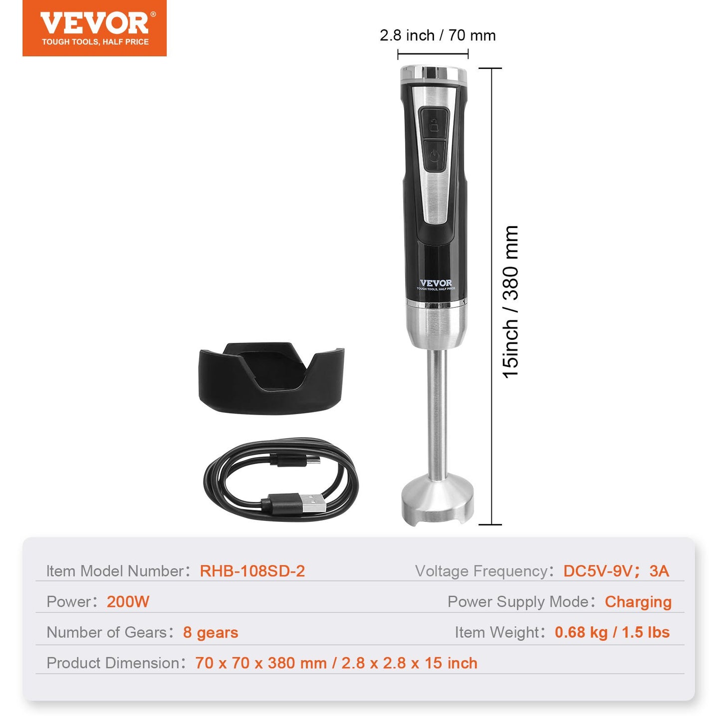 VEVOR Commercial Immersion Blender, 200 Watt 8-Speed Heavy Duty Immersion Blender, Stainless Steel Blade Copper Motor Hand Mixer, USB Charging Cable Multi-purpose Easy Control Grip Stick Mixer, Black-5