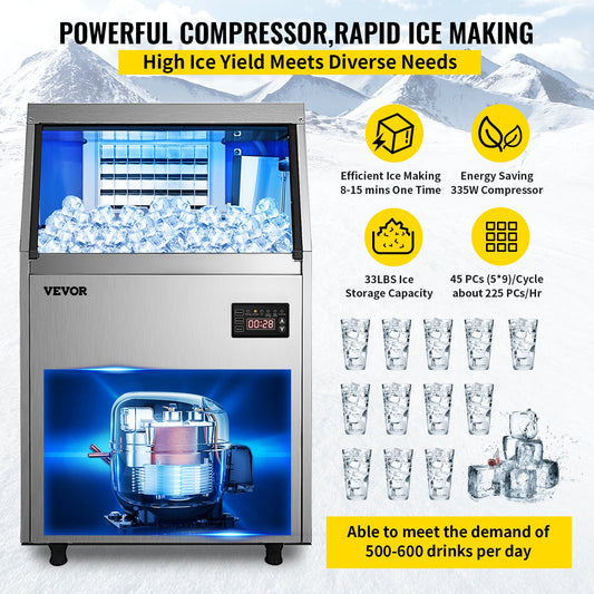 VEVOR 110V Commercial Ice Maker 110LBS/24H with 44lbs Storage Capacity Stainless Steel Commercial Ice Machine 40 Ice Cubes Per Plate Industrial Ice Maker Machine Auto Clean for Bar Home Supermarkets-0