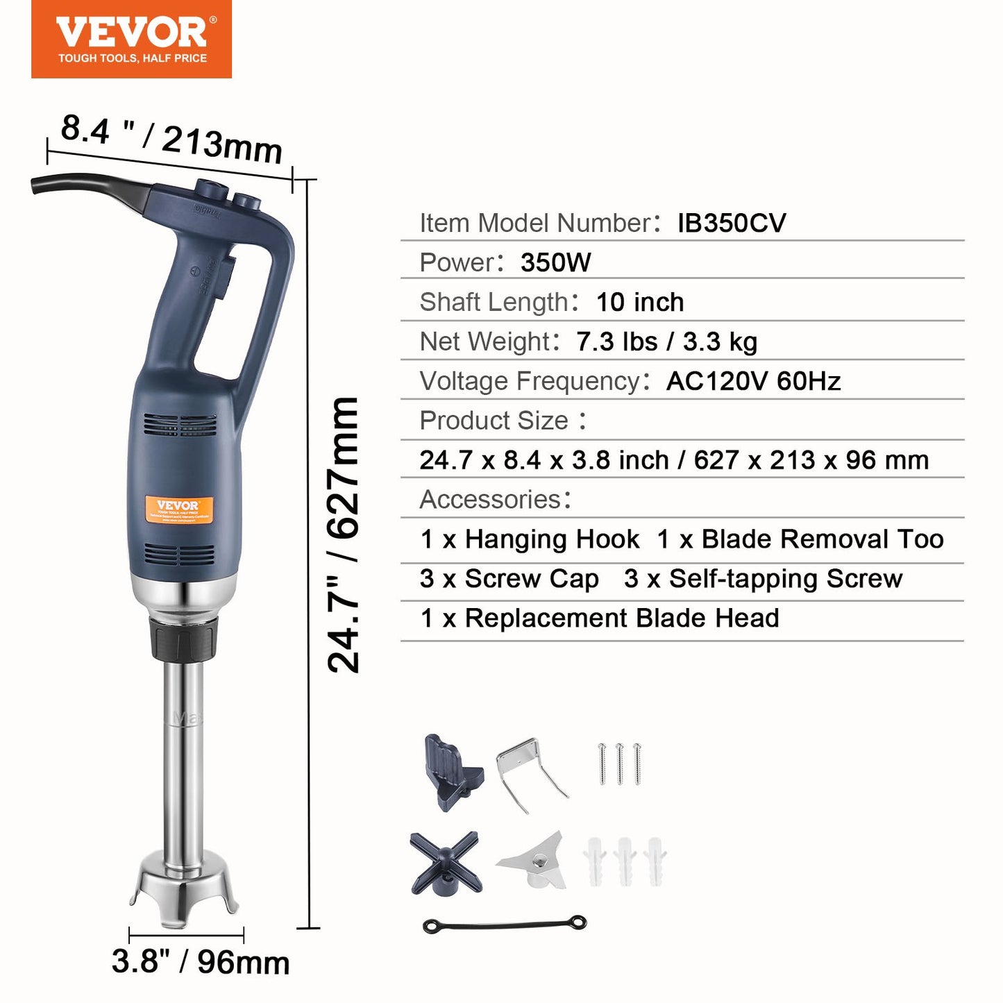 VEVOR Commercial Immersion Blender 350W Heavy Duty Hand Mixer for Soup Sauces-5
