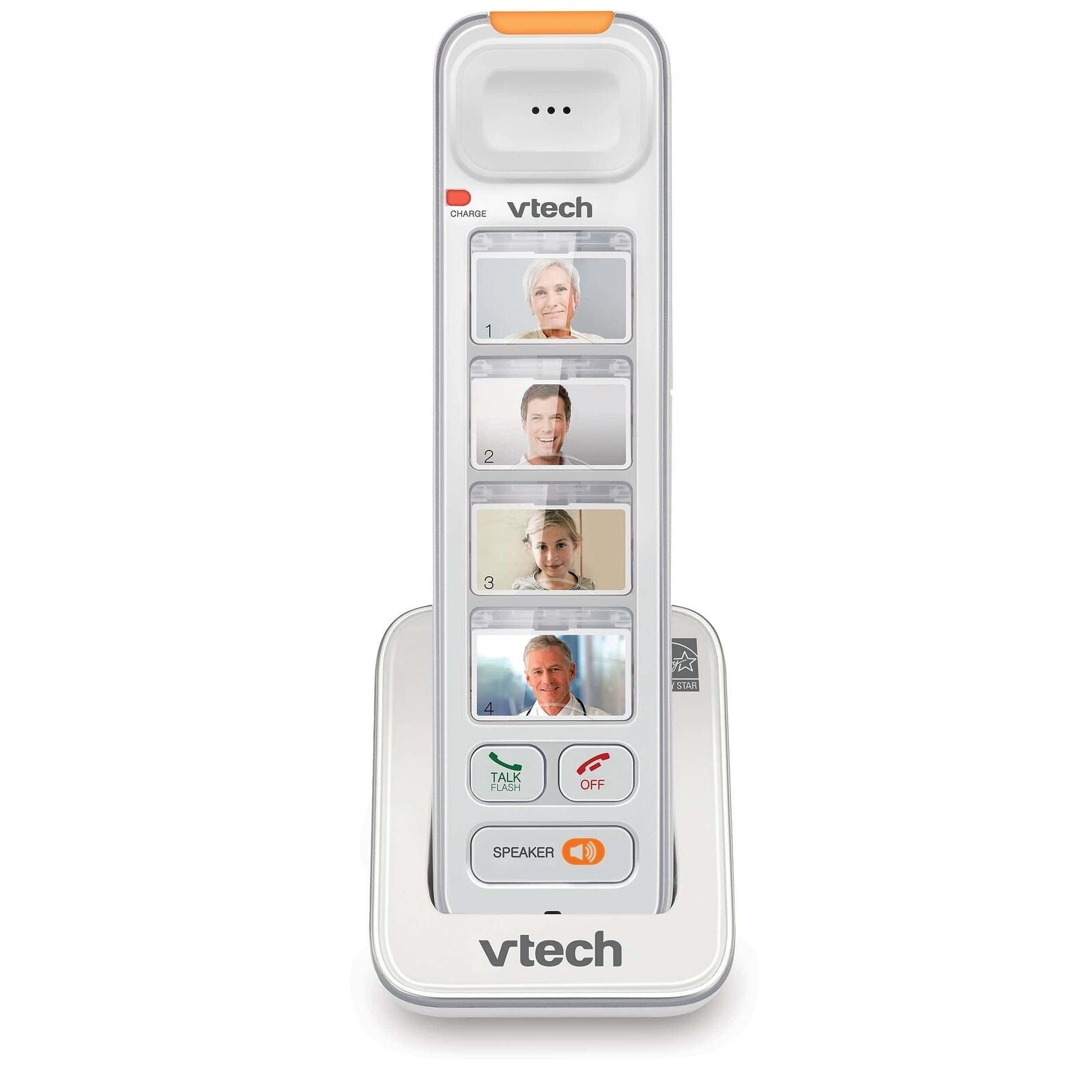 VTech SN5307 amplified photo dial accessory handset for landline phones, with buttons and display screen visible.