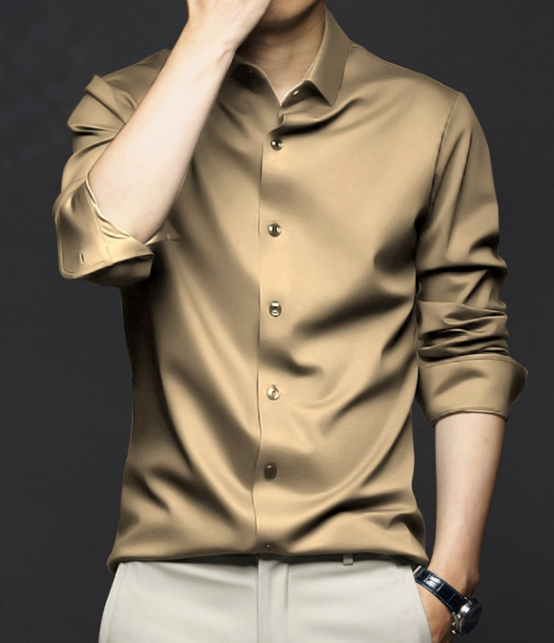 Men's eprolo wrinkle-resistant non-iron ice silk dress shirt for formal or business casual wear, featuring a sleek, smooth fabric finish.
