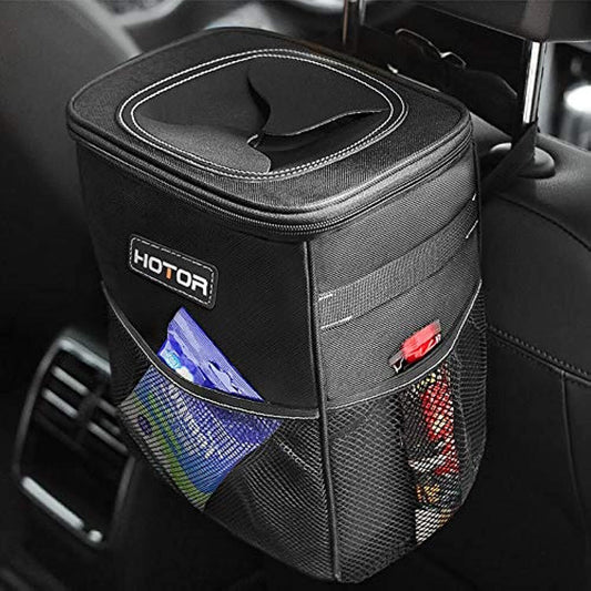 HOTOR Car Trash Can with Lid and Storage Pockets, 100% Leak-Proof Car Organizer,